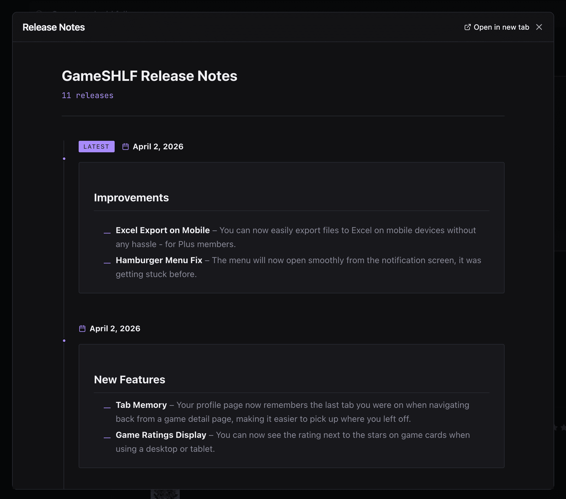 Public changelog page showing release history