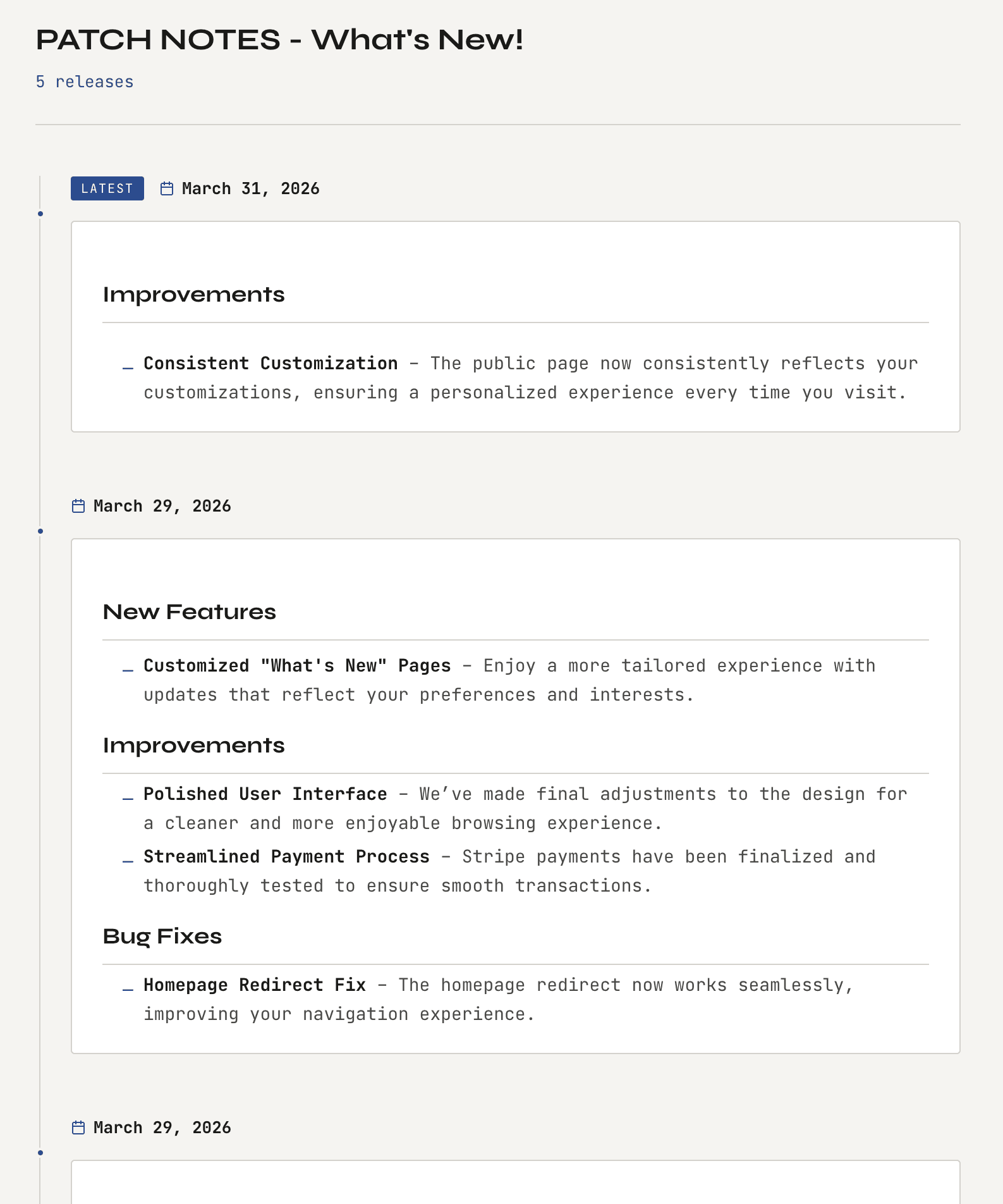 Customer-facing public changelog page